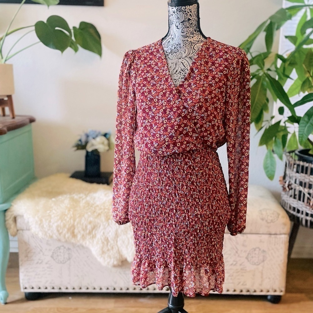 ROWA Burgundy Floral Long Sleeve Dress, Smocked Ruffle Detail, Size M